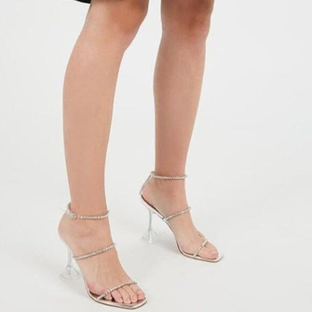 FOWT Silver Classic Square Toe Crystal Ankle Strap Flared High Heels Sandals